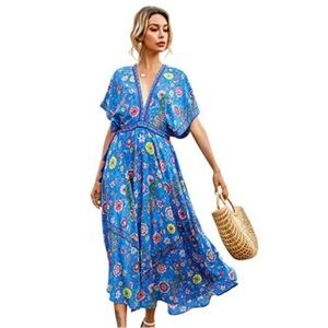 R.Vivimos Women Summer Print Deep V Neck Cotton Beach Long Dresses
